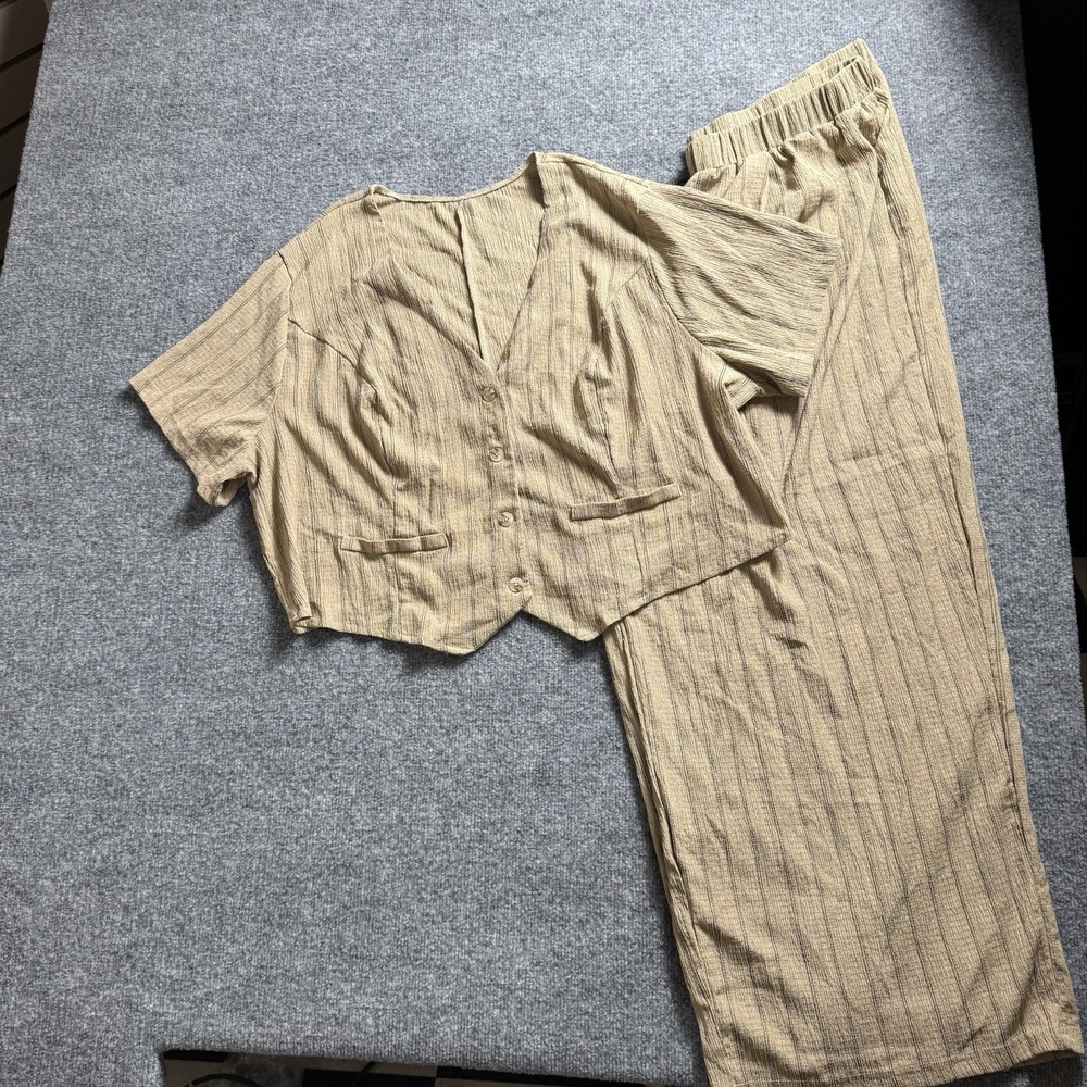 Tan Pinstripe 2 Piece Set Short Sleeve Crop Vest Top Wide Leg Pants 4X